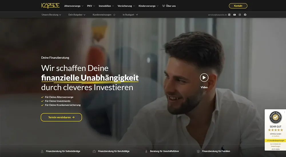 Startseite der Finanzberatung Käpsele nach dem Redesign