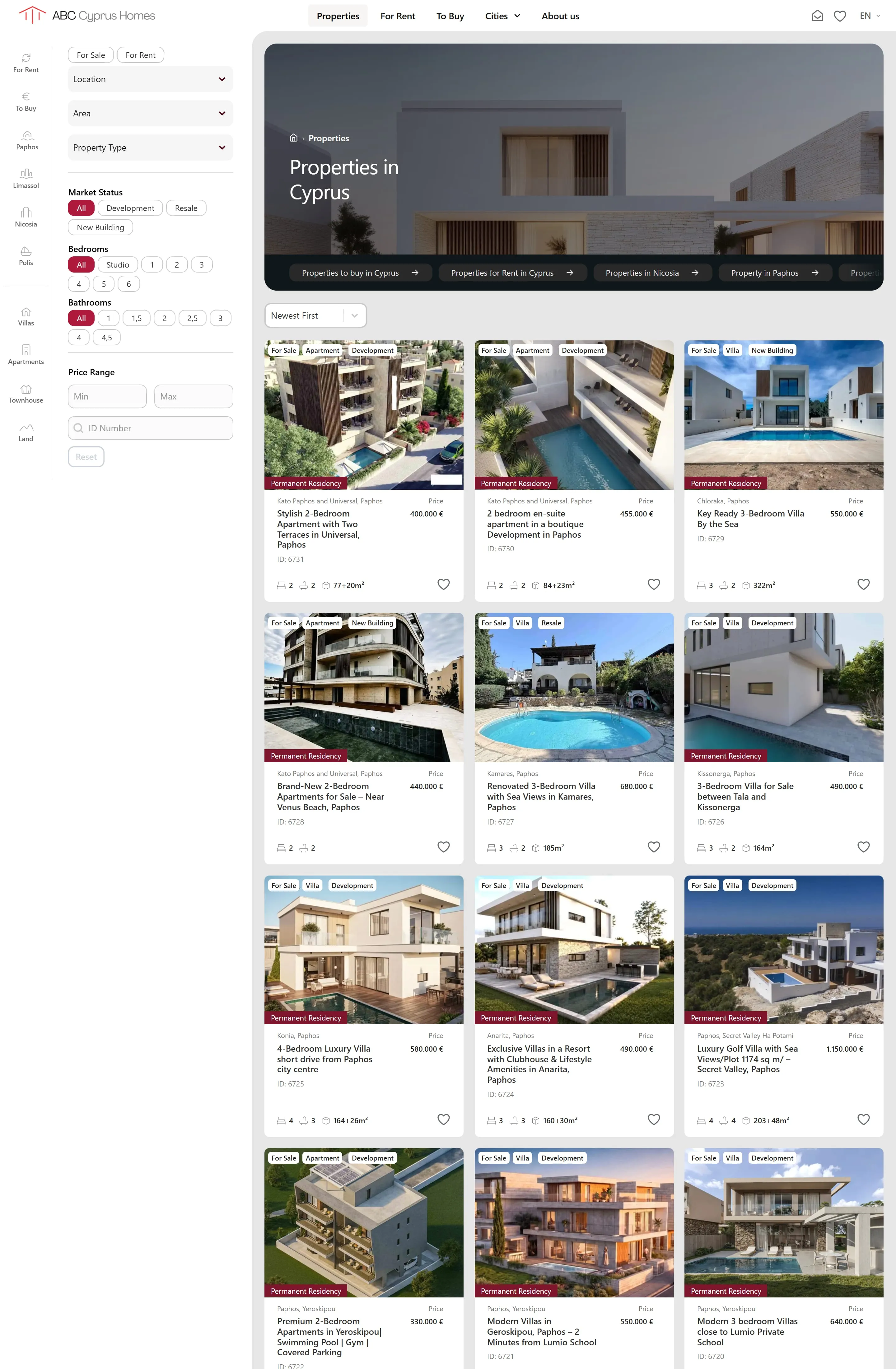 Property search of ABC Cyprus Homes with filters and listing cards