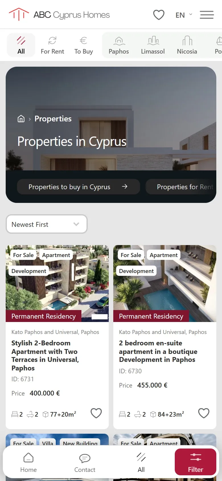 Property search of ABC Cyprus Homes on a smartphone with filter bar