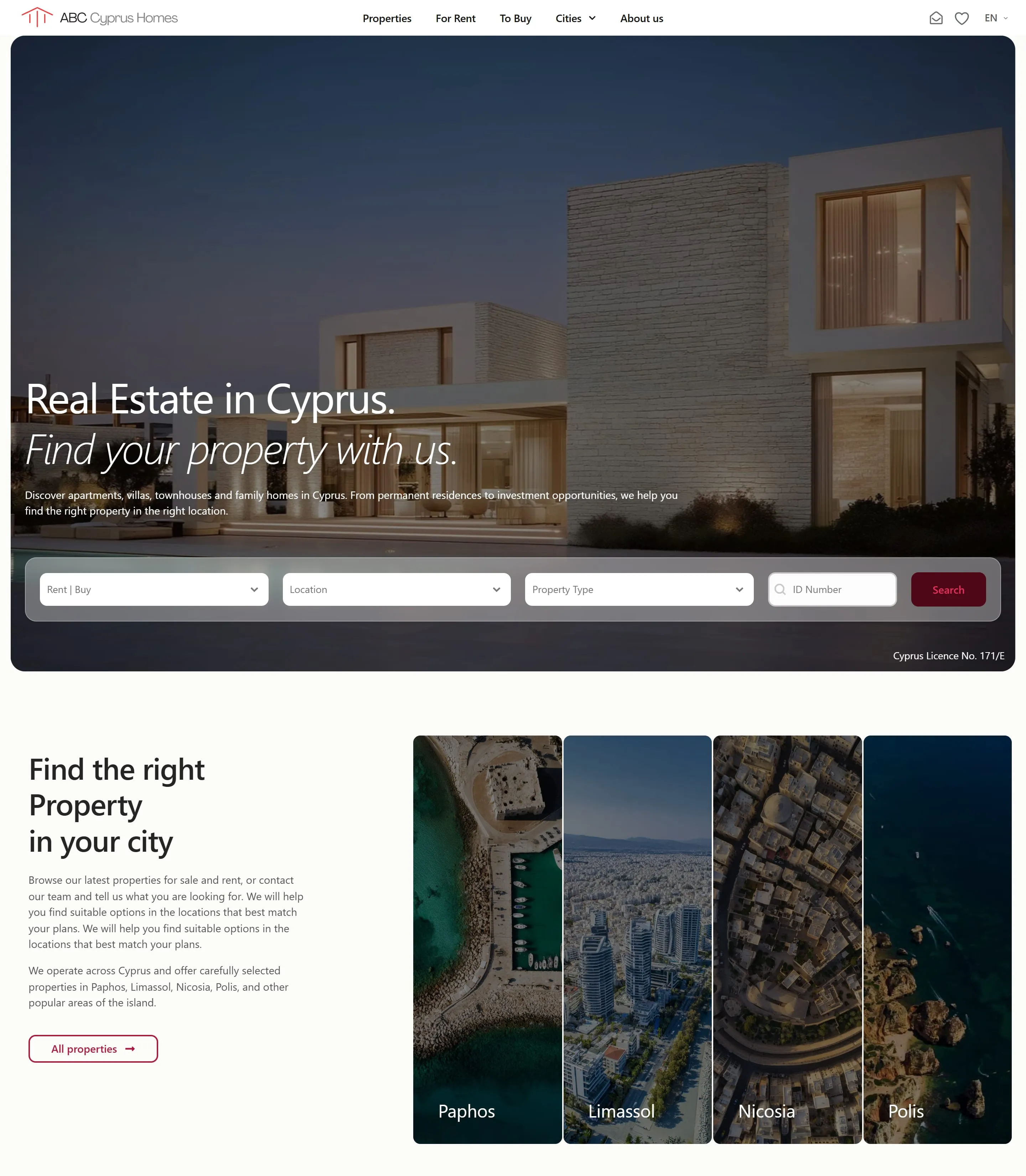 Homepage of ABC Cyprus Homes with property search on a night photo of a modern villa