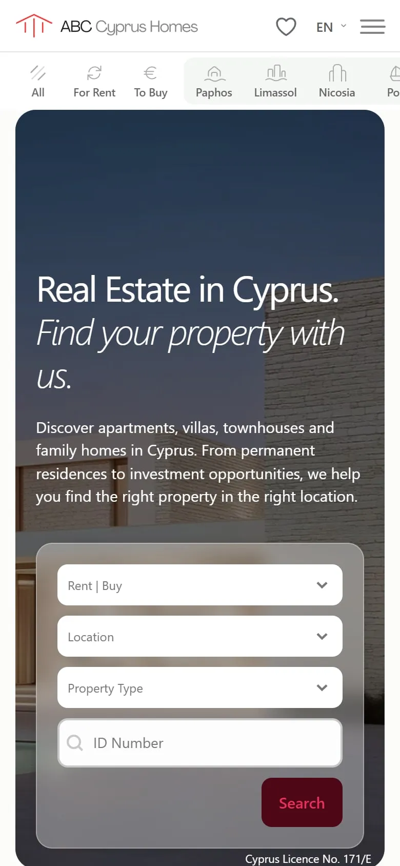 Homepage of ABC Cyprus Homes on a smartphone