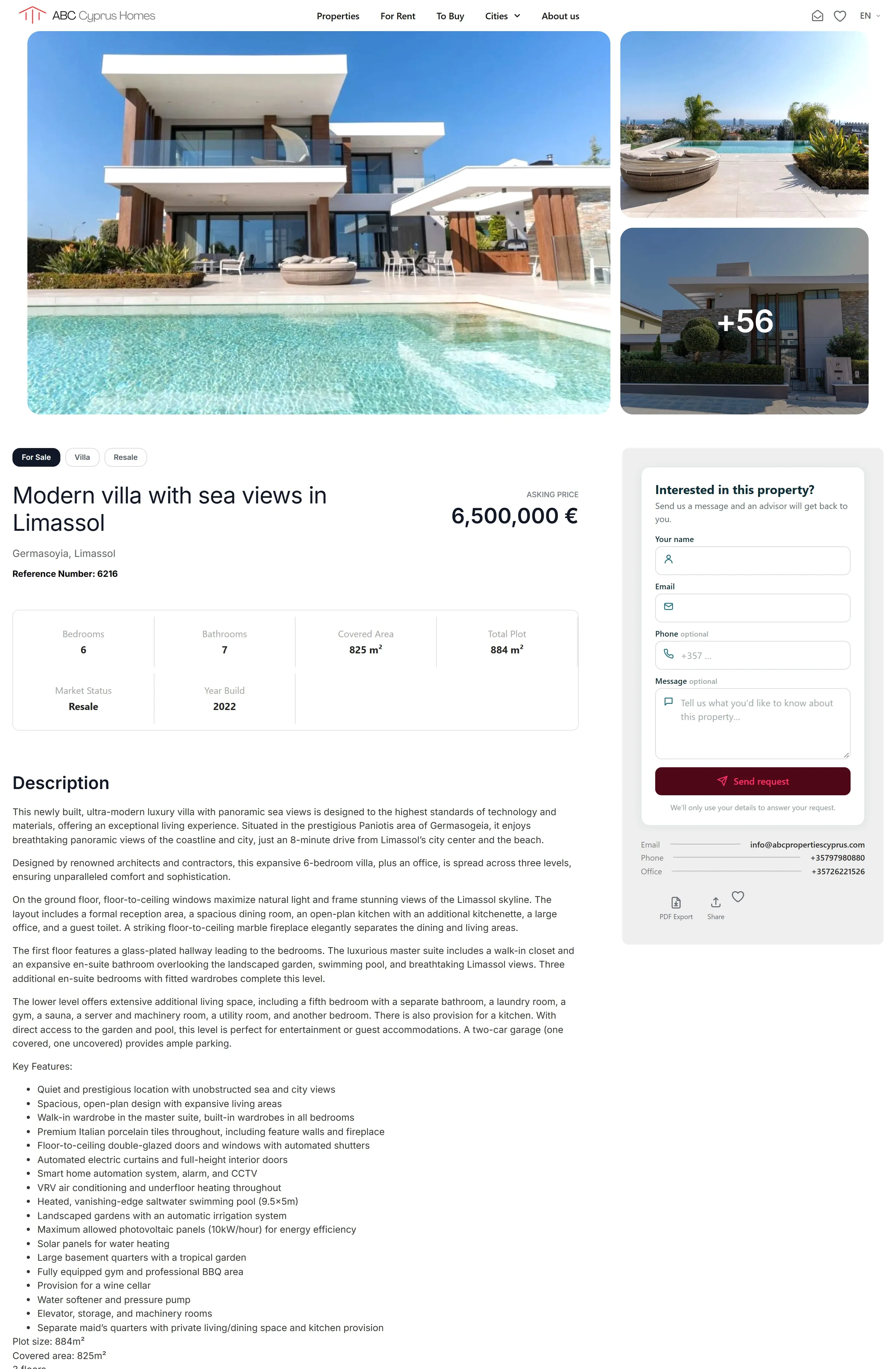 Property page of a modern villa with sea views in Limassol, asking price 6,500,000 euros