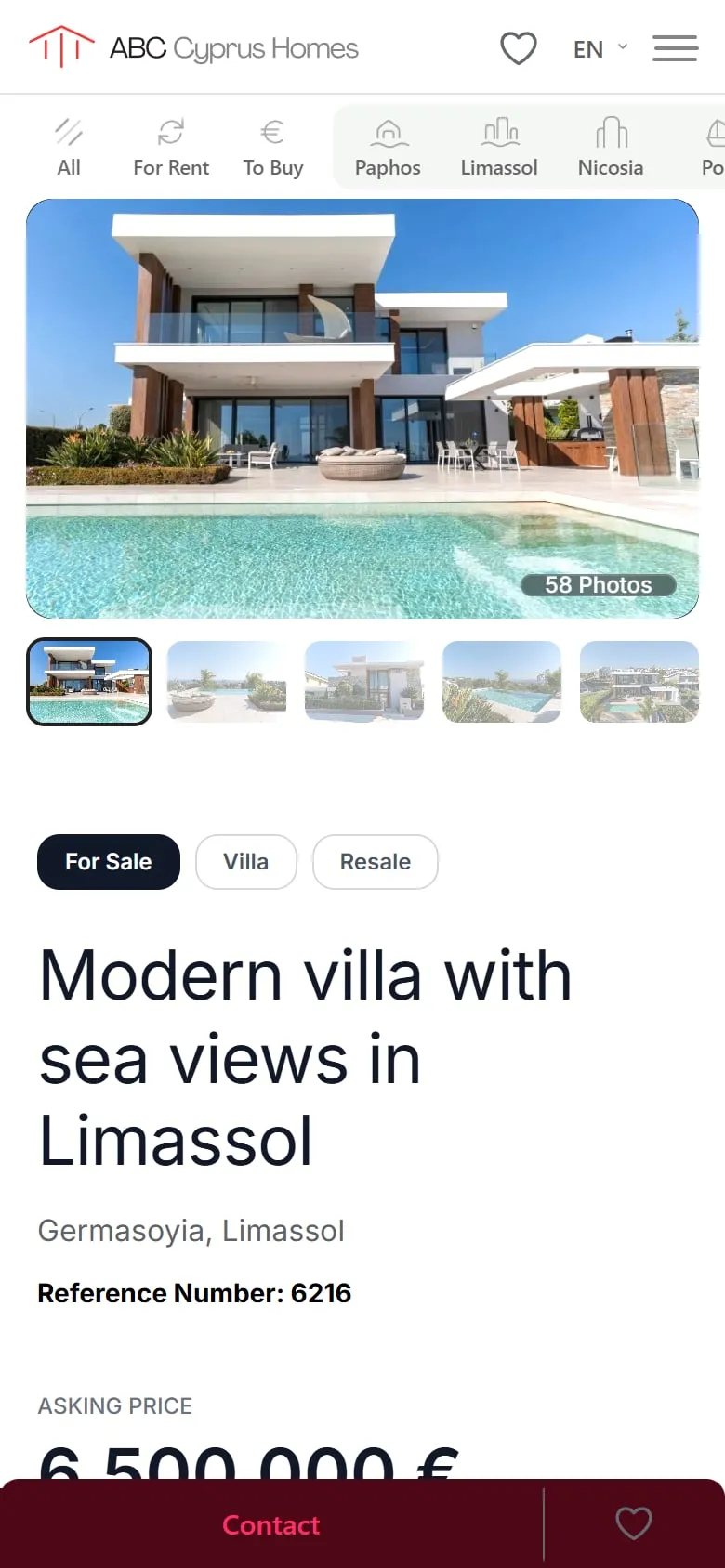 Property page of the villa in Limassol on a smartphone with photo gallery