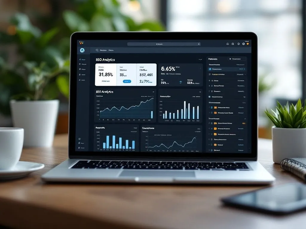 Laptop mit SEO-Analytics-Dashboard auf einem Schreibtisch