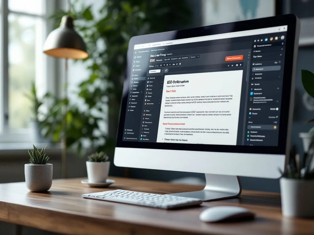 Monitor mit geöffnetem WordPress-Editor auf einem Schreibtisch