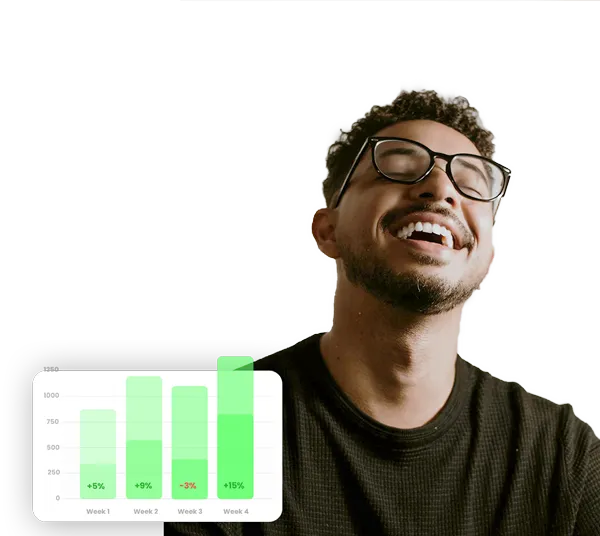Lachender Mann mit Brille neben einem Balkendiagramm mit wöchentlichem Wachstum
