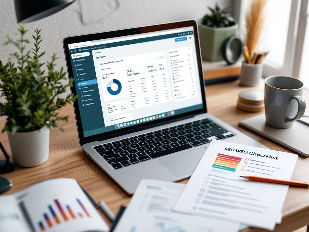 A photorealistic shot capturing a desk with a laptop displaying a WordPress dashboard, alongside a printed SEO checklist and various SEO tools and reports visible